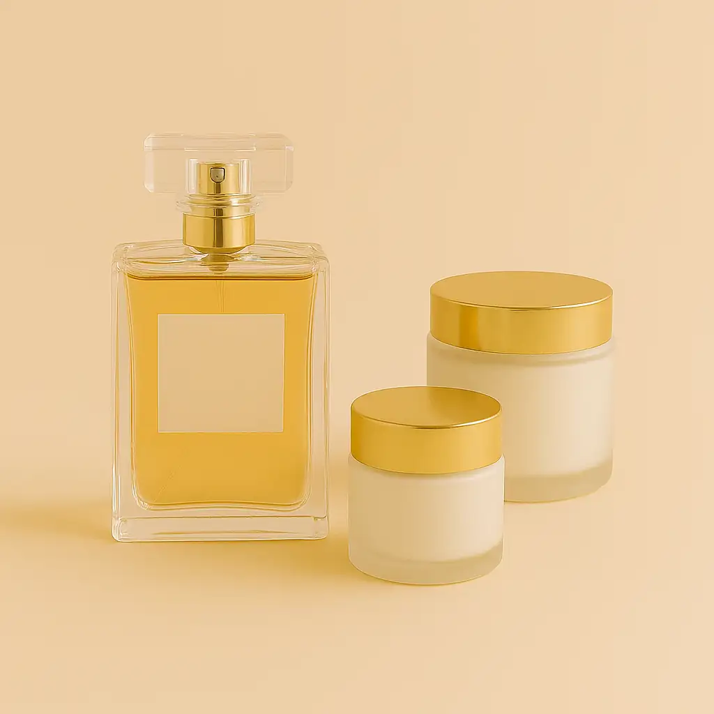 Flacon de parfum non emballé avec des cosmétiques posés à droite. Présentation avant préparation pour l’expédition d’articles fragiles