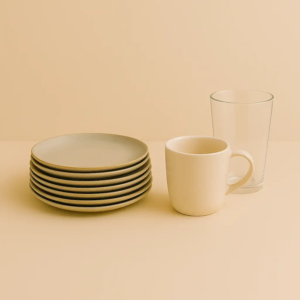 Pile d’assiettes en céramique accompagnée d’une tasse et d’un verre transparent, tous non emballés, avant leur préparation pour expédition
