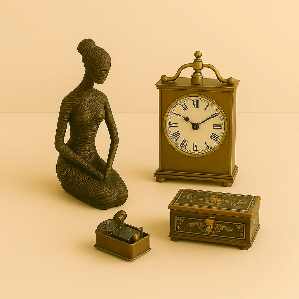 Sculpture artistique de femme en fer, accompagnée d’une horloge ancienne et d’une boîte à musique vintage. Objets non emballés, prêts pour la préparation à l’expédition