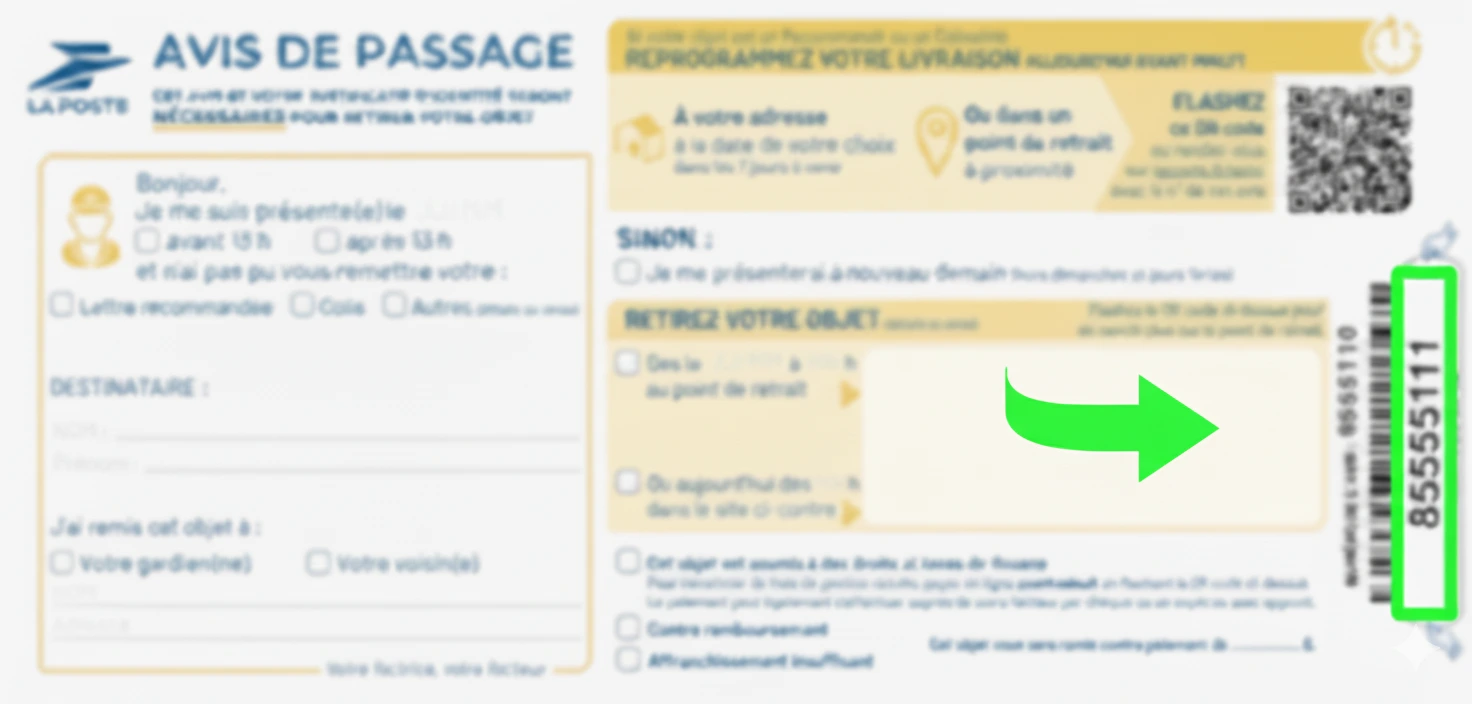 Avis de passage La Poste : le numéro de suivi figure en colonne verticale à droite, utile si aucun e-mail n’a été reçu.