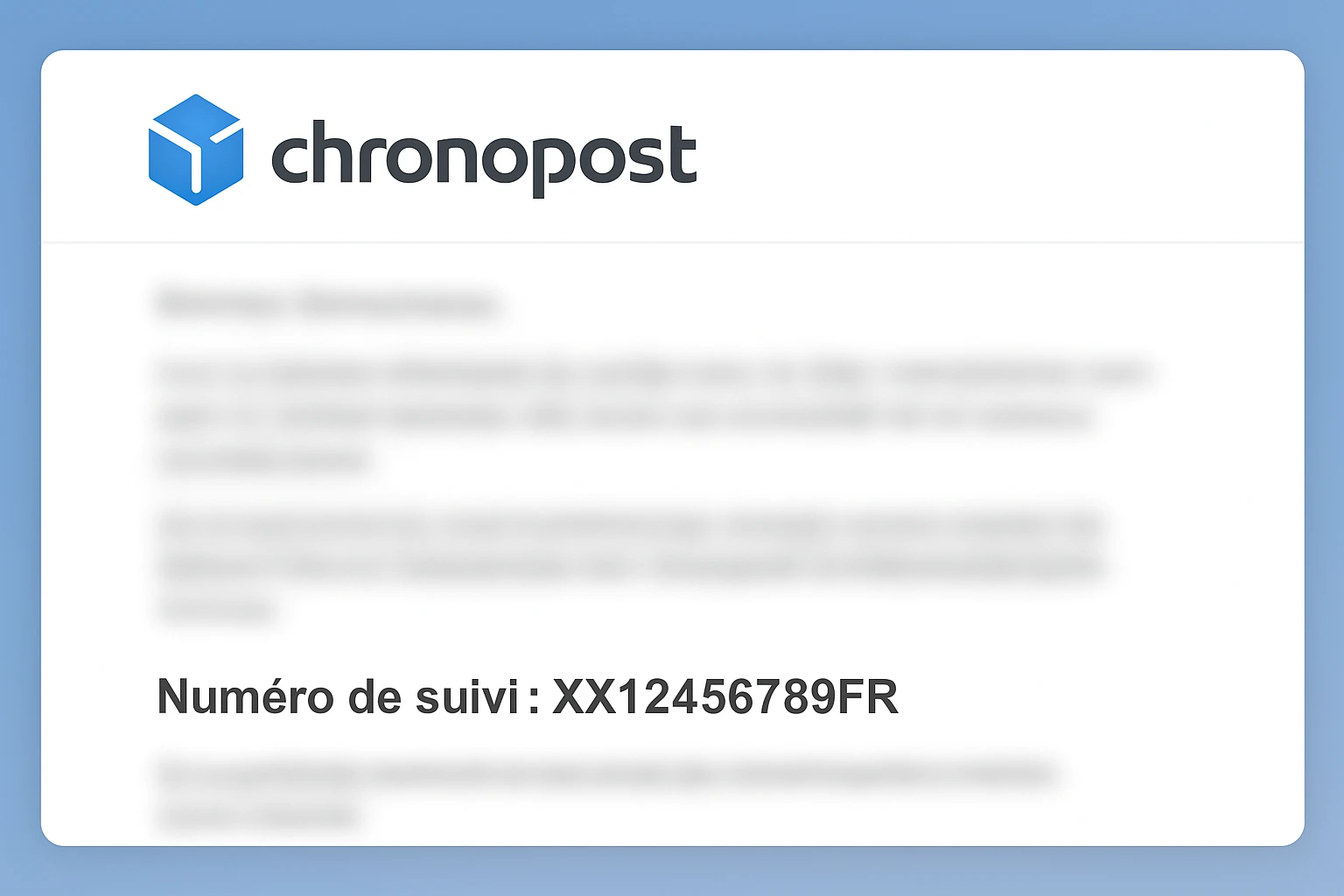 Numéro de suivi Chronopost affiché dans un e-mail de confirmation — exemple de code valide à 13 caractères utilisé pour le suivi des colis.
