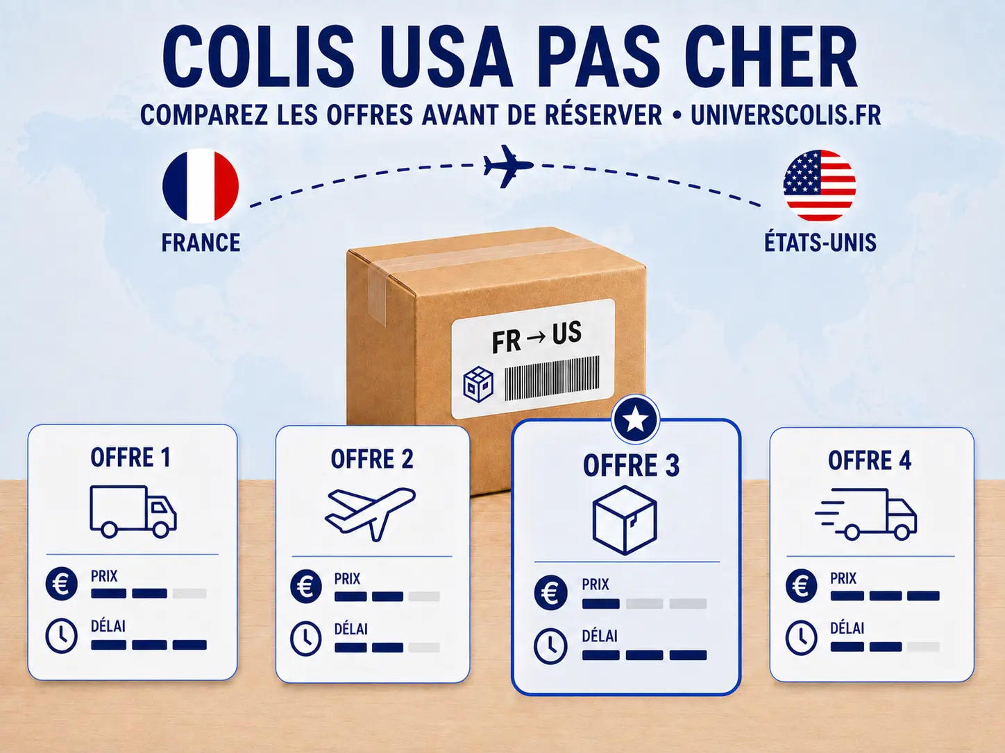 Illustration montrant un colis France–États-Unis et plusieurs offres à comparer pour trouver un envoi vers les USA moins cher.