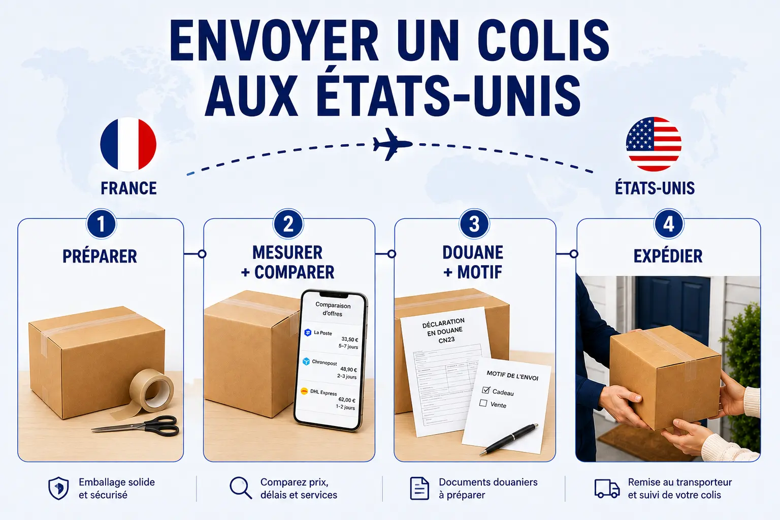 Envoyer un colis aux États-Unis depuis la France : préparation, comparaison, douane et expédition en 4 étapes.