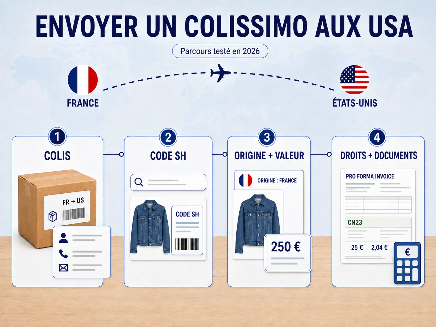 Parcours Colissimo vers les USA : colis, code SH, origine, valeur, droits et documents douaniers.