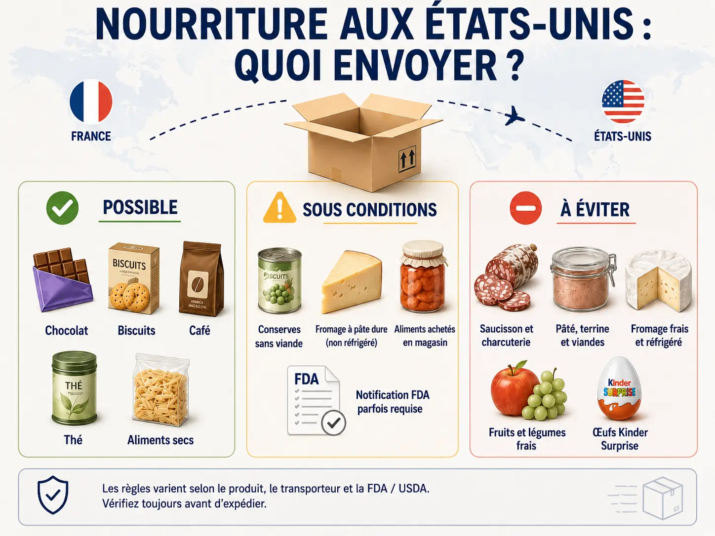 Aliments autorisés, réglementés ou à éviter dans un colis de nourriture vers les États-Unis.