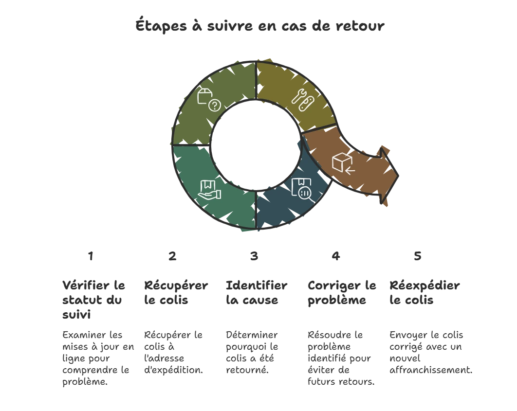 Infographie : étapes à suivre en cas de retour de colis — vérifier le suivi, récupérer le colis, identifier la cause, corriger le problème et le réexpédier.
