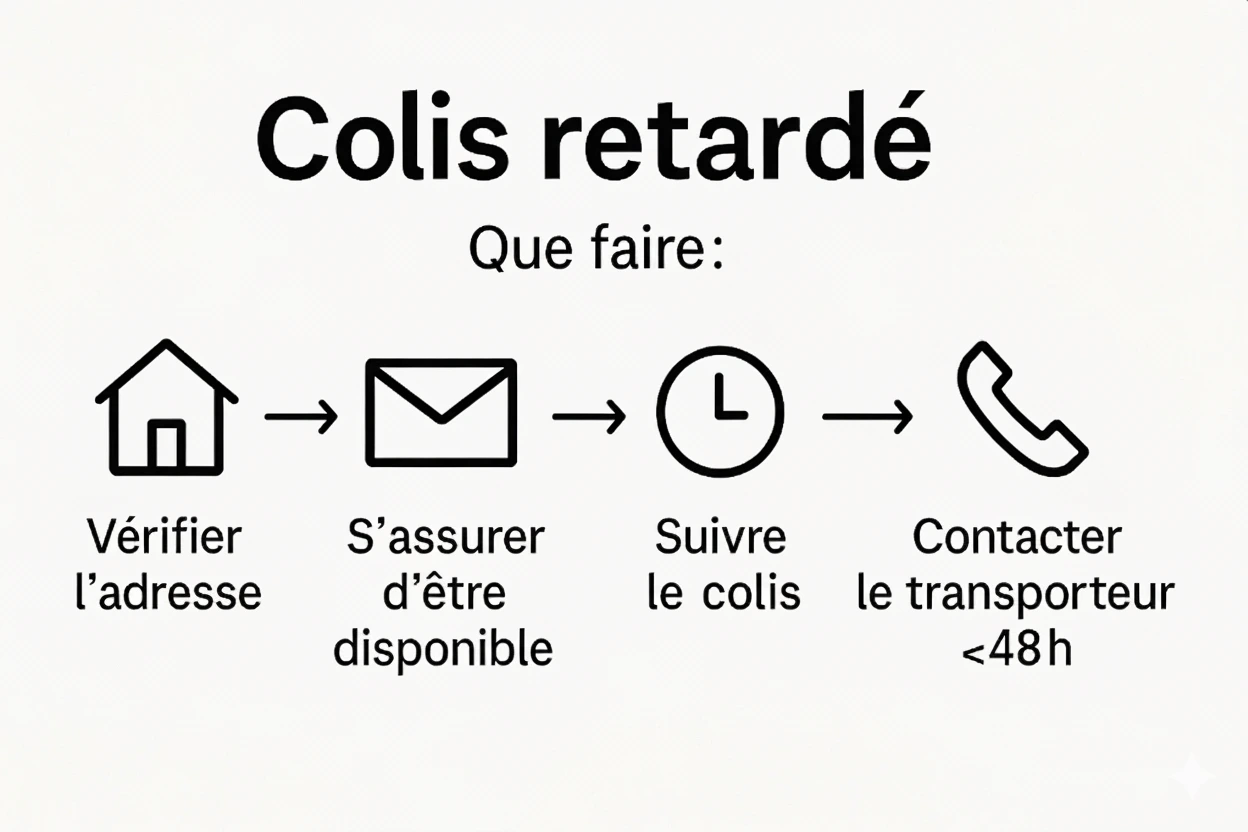 Colis retardé: vérifier l’adresse, s’assurer d’être disponible, suivre le colis, contacter le transporteur sous 48 h.