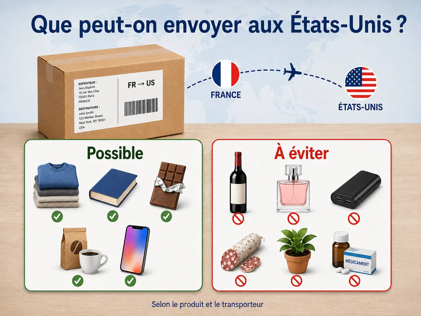 Produits autorisés et à éviter dans un colis envoyé de France vers les États-Unis.