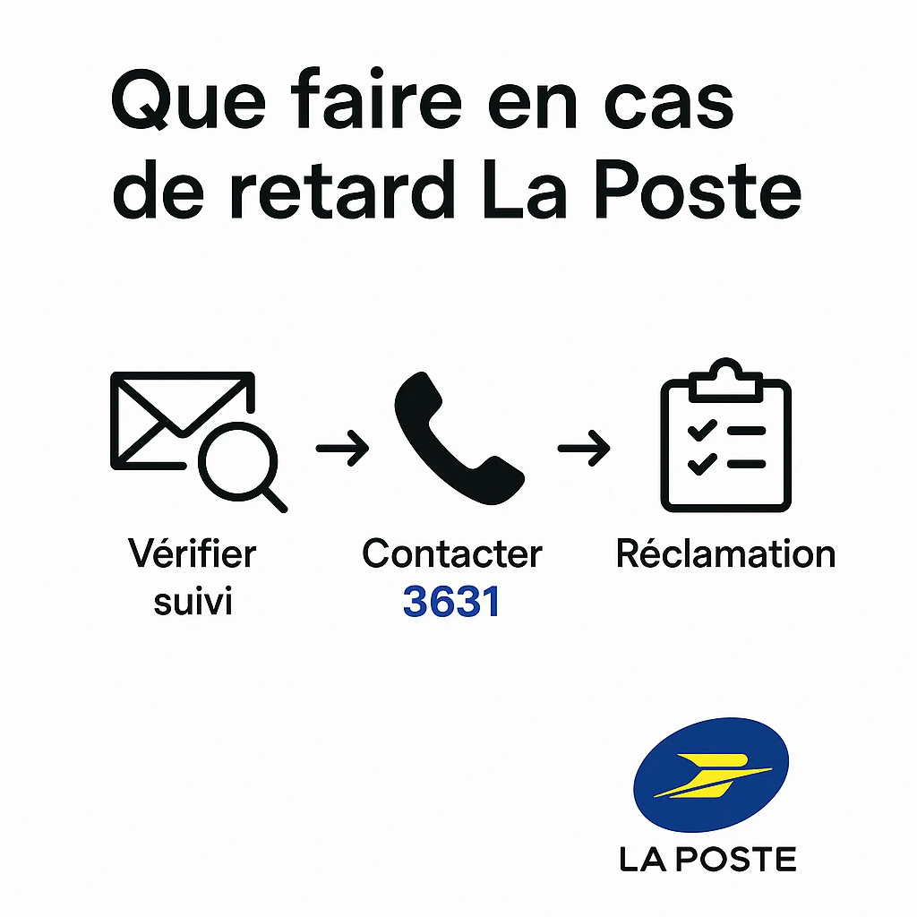 Retard La Poste : vérifier le suivi, appeler 3631, déposer une réclamation — micro-infographie étapes simples.