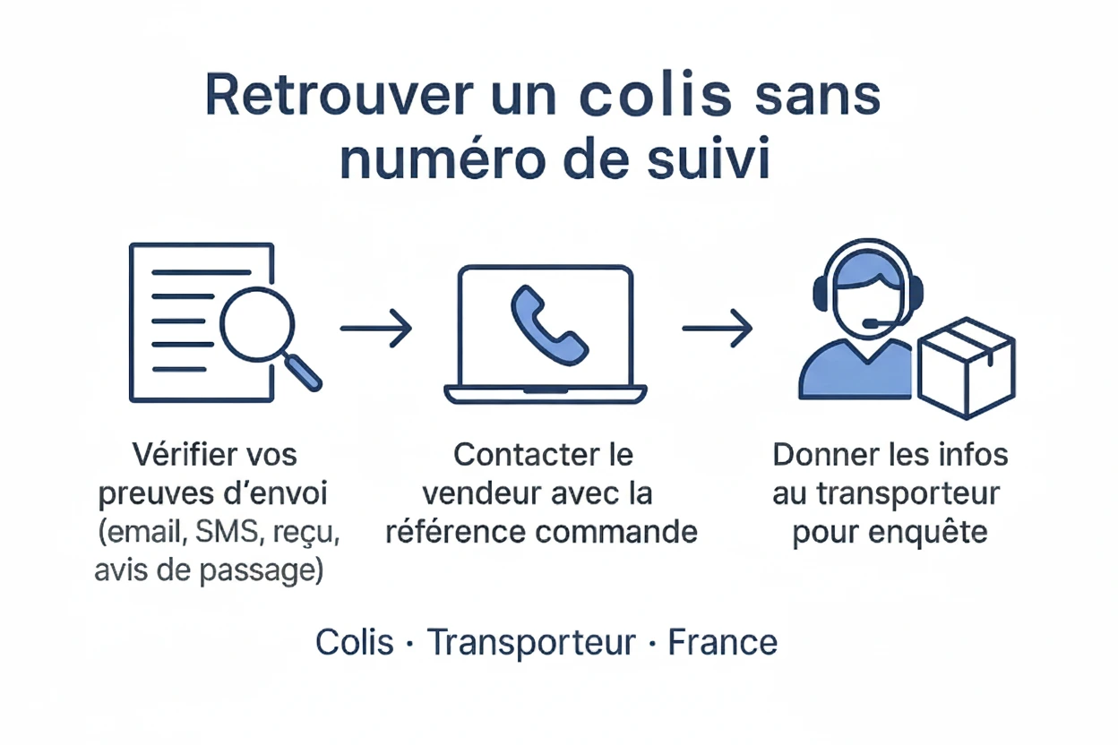 Retrouver un colis sans numéro de suivi : 3 étapes — vérifier les preuves, contacter le vendeur, informer le transporteur.