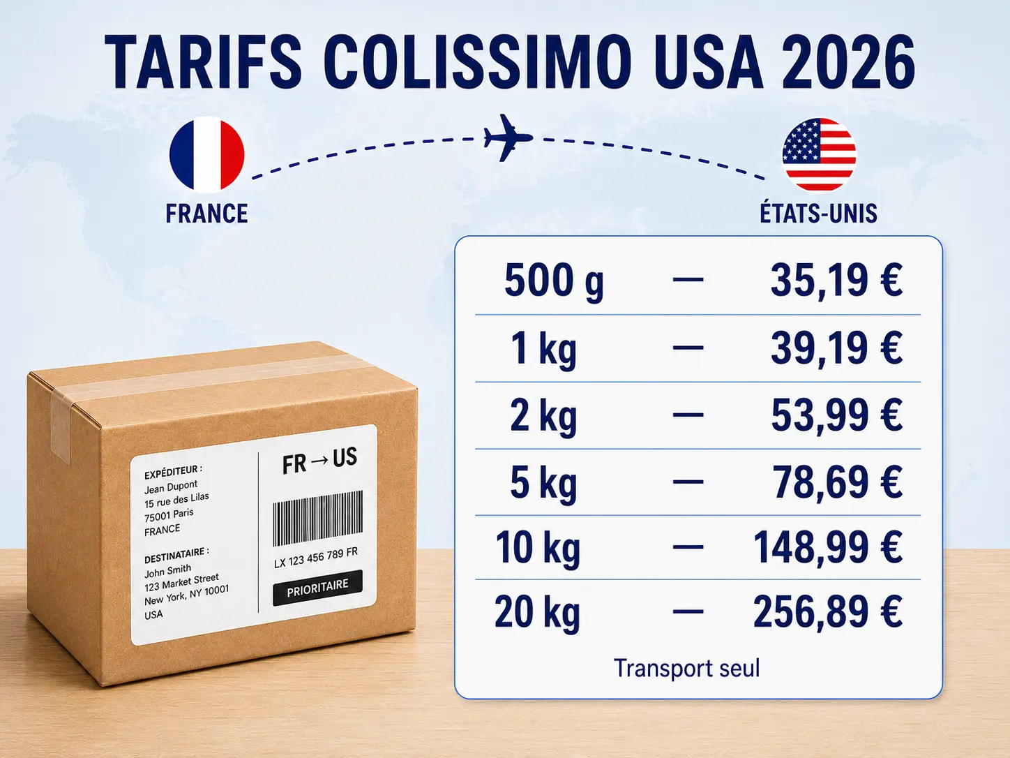 Tarifs Colissimo USA 2026 par poids : 500 g, 1 kg, 2 kg, 5 kg, 10 kg et 20 kg, transport seul.